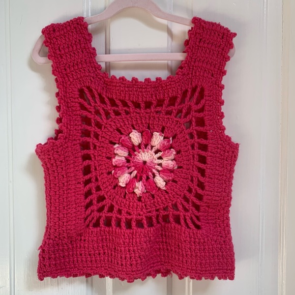 BARBIECORE PINK VINTAGE HIPPIE GRANNY SQUARE HAND CROCHET CROP-TOP TANKTOP XS - Picture 2 of 4